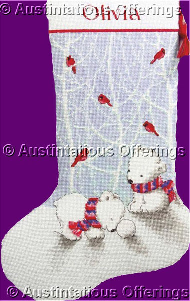 Whitlow Polar Bear Cubs and Red Birds Cross Stitch Stocking Kit