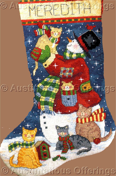 Rare Winget Artwork Snowman Needlepoint Stocking Kit Kitty Cats