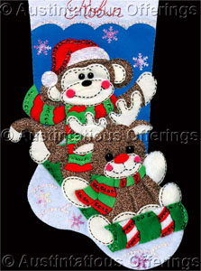 Felt Applique Sock Monkey w Reindeer Christmas Stocking Kit