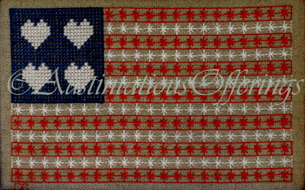 Rare Evans Patriotic Cross Stitch Kit Flag of 86 Hearts Stars and Stripes