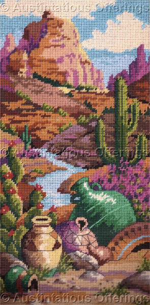 Rare Eriksen Canyon Cactus Needlepoint Kit Southwest Pottery