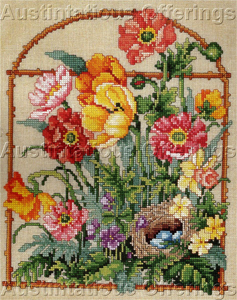 Rare Baatz Springtime Poppies Linen Cross Stitch Kit Hidden Nest