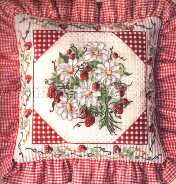 Ripe Strawberries and Gingham Needlepoint Pillow Kit Open Work