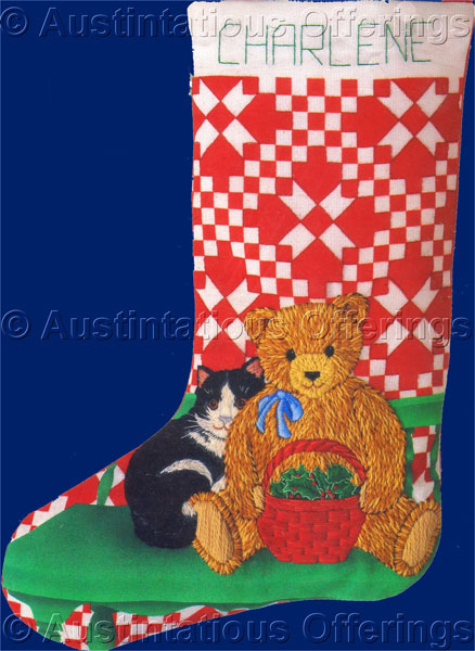 Rare Country Christmas Crewel Embroidery Stocking Kit Cat Teddy