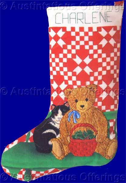 Waiting for Santa TeddyBear Crewel Embroidery Stocking Kit Kitty