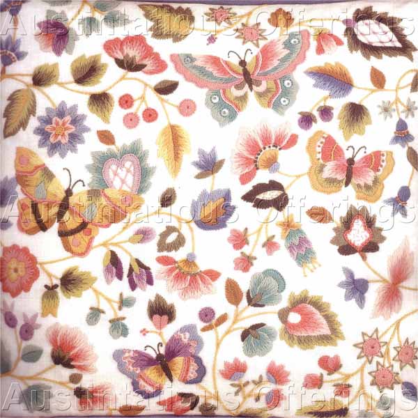 Pastel Jacobean Floral Crewel Embroidery Kit Butterflies Chelsea