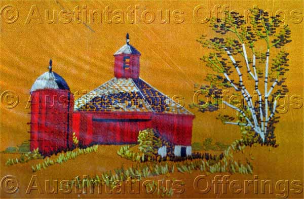 Rare Henning Octagon Barn Crewel Embroidery Country Farm Silo