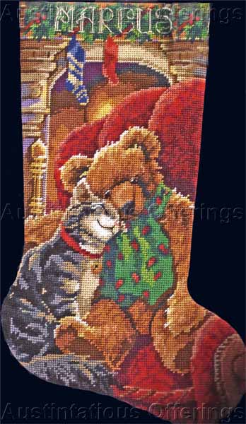 Tabby Cat Teddy Bear Rossi Christmas Needlepoint Stocking Kit