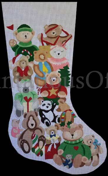 Rare HandPainted Needlepoint Stocking Canvas Teddy Bears Galore  Contemporary Stitchery Crafts