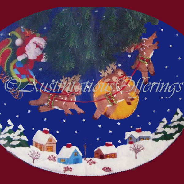 Rare Midnight Sleigh Ride Santa Reindeer Felt Embroidery Treeskirt Kit