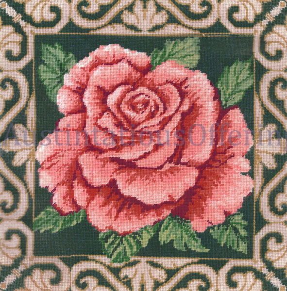 Rare Classic Coral Red Rose Needlepoint Kit Scrolled Border
