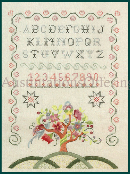 Rare LeClair Jacobean Tree Crewel and Cross Stitch Sampler Kit