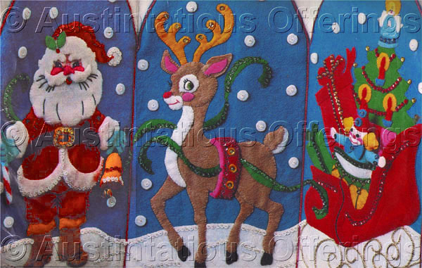 Rare Christmas Triptych Santa Sleigh FeltApplique Embroidery Kit