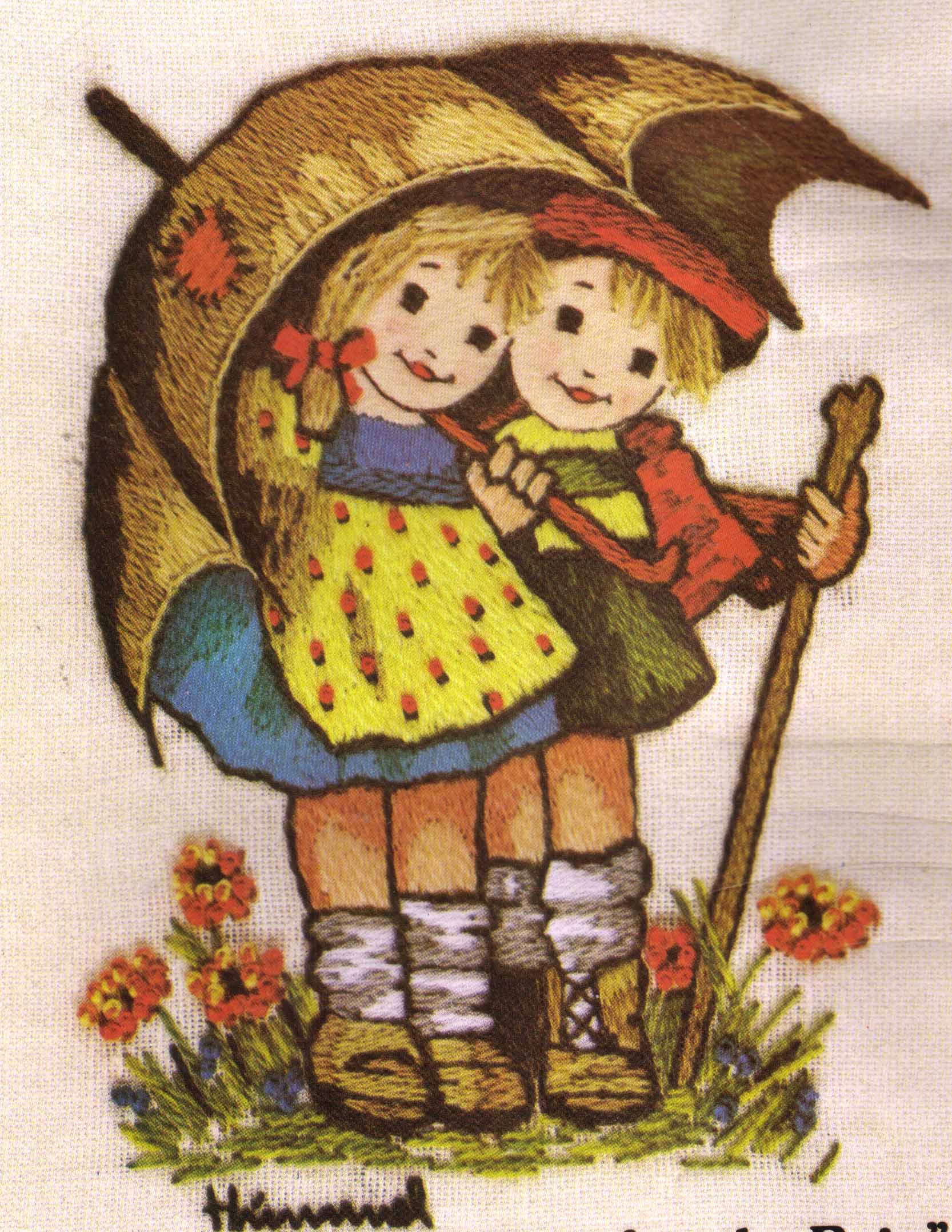 Rare Sister Hummel Crewel Embroidery Kit Umbrella Children Rain