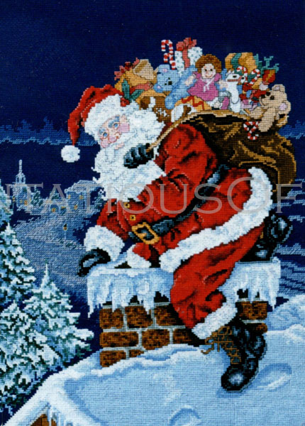 Rare Johnson Christmas Cross Stitch Kit Rooftop Santa Claus