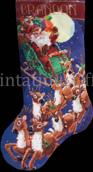 Rare Rossi Santa Claus Reindeer Needlepoint Stocking Kit Up Away