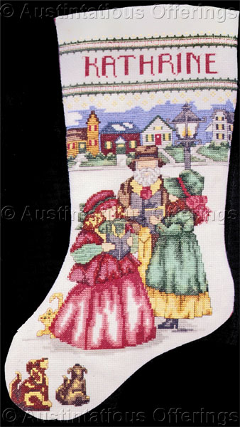 Rare Christmas Carolers Cross Stitch Stocking Kit Victorian Town