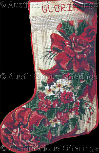 Rare Victorian Red Bows Roses Needlepoint Stocking Kit Christmas
