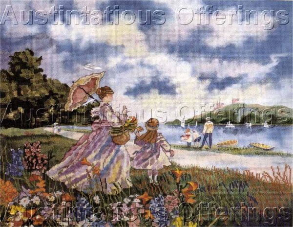 Rare Impressionist Summer Shoreline Embellished Cross Stitch