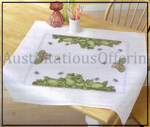 Rare Frogs Stamped Cross Stitch Kit Lily Pond Table Cloth Topper