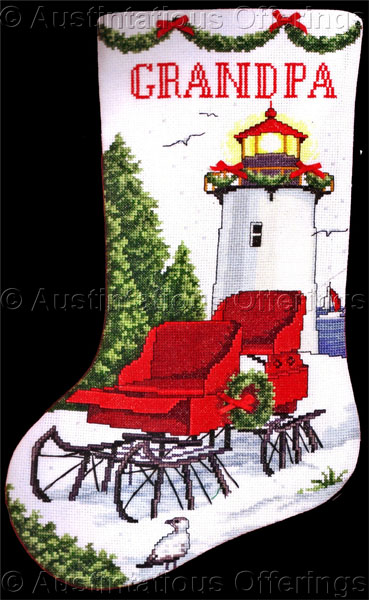 Rare Giana Art Winter Lighthouse Sleigh CrossStitch Stocking Kit