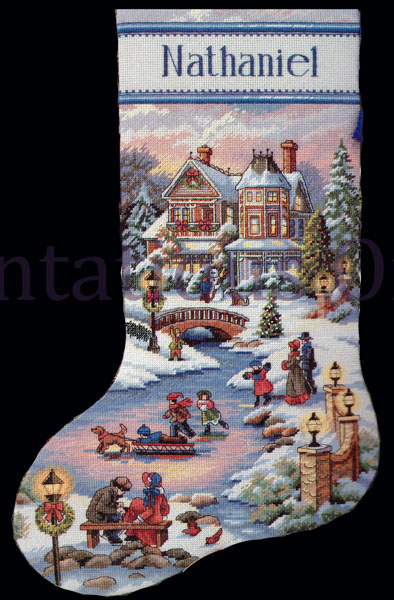 Rare Lewan Winter Village at Twilight Cross Stitch Stocking Kit
