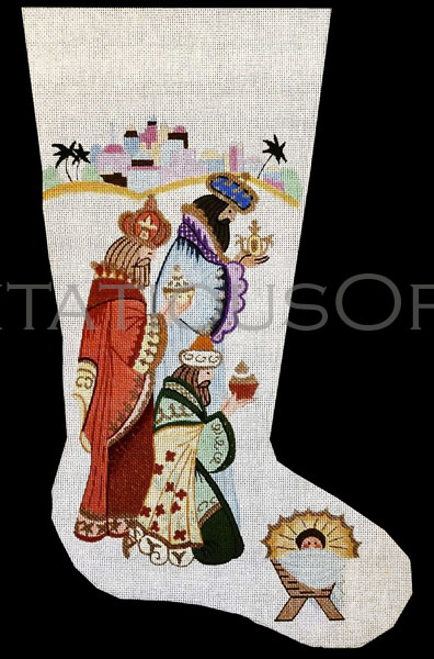 Rare Alexa Handpainted Needlepoint Stocking Canvas Wisemen Magi Bethlehem